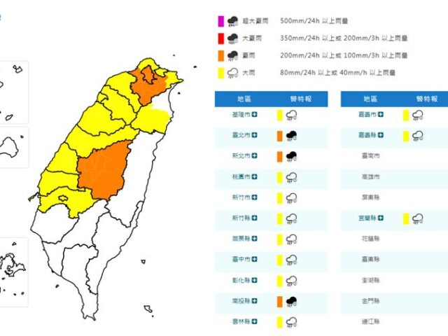 台灣新聞通訊社-快訊／雨勢升級！14縣市豪、大雨特報　一路下到晚上