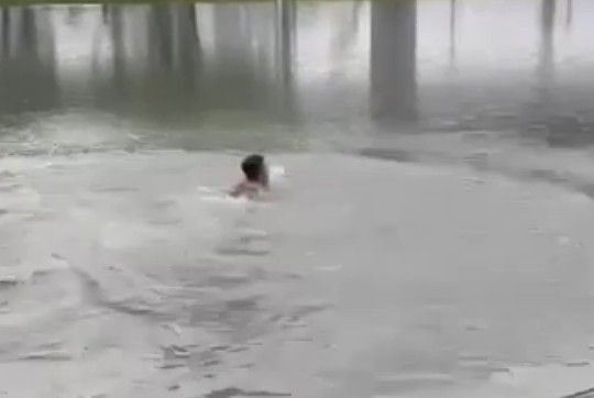 台灣新聞通訊社-暴雨灌滿滯洪池成泳池！彰化刺青男「全裸跳下」爽裸泳　下場糗了