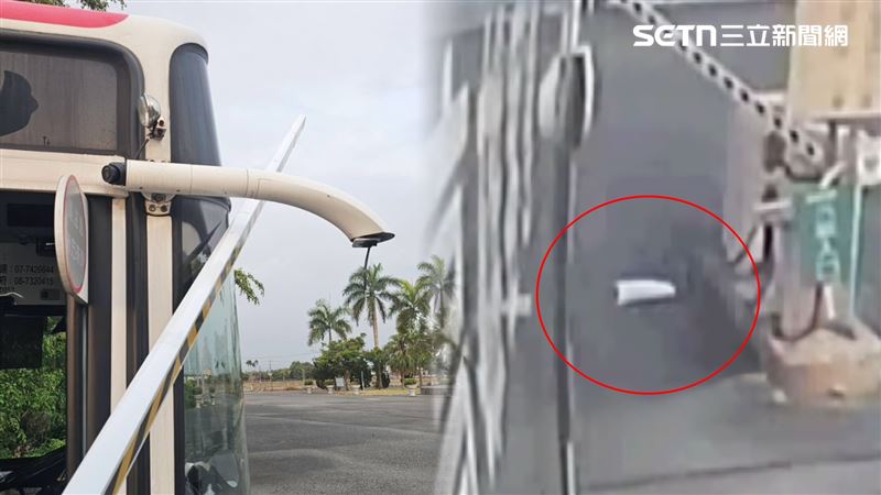 台灣新聞通訊社-客運開進醫專…後照鏡遭柵欄「斷頭掉地」！雙方互咬一地毛