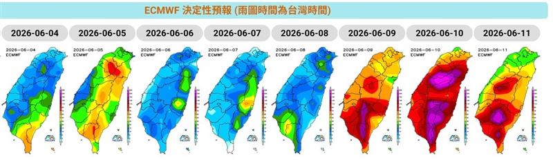 台灣新聞通訊社-雨連下8天！「這天」下到發紫　粉專示警：梅雨滯留鋒在台灣上空