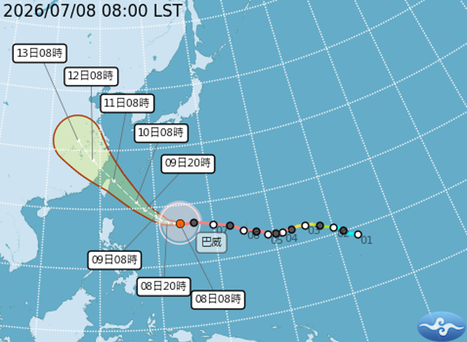 台灣新聞通訊社-強颱巴威周五觸陸 全台2/3進暴風圈 3地區風雨最劇
