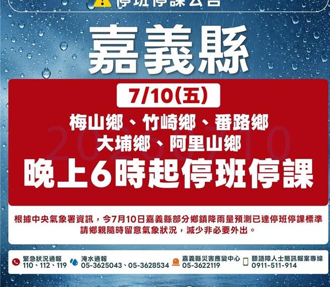 台灣新聞通訊社-巴威颱風挾豪雨!嘉義縣5鄉今晚6點起停班停課