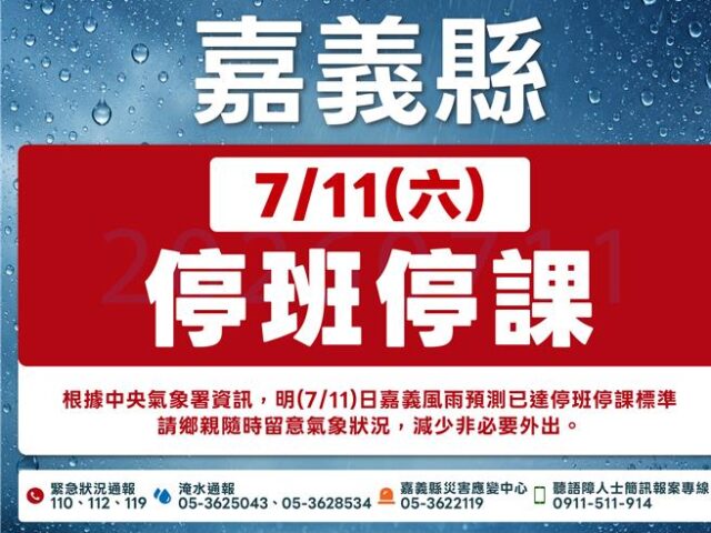台灣新聞通訊社-最大陣風達標！全停了 嘉義縣11日停班停課