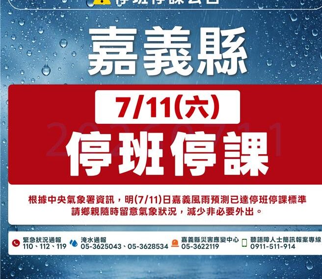 台灣新聞通訊社-最大陣風達標!全停了 嘉義縣11日停班停課