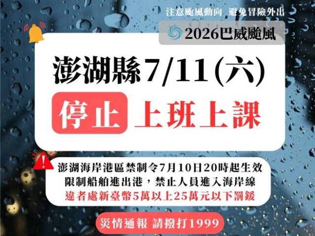 台灣新聞通訊社-外離島也放假！巴威颱風逼近 澎湖、連江宣布11日停班課