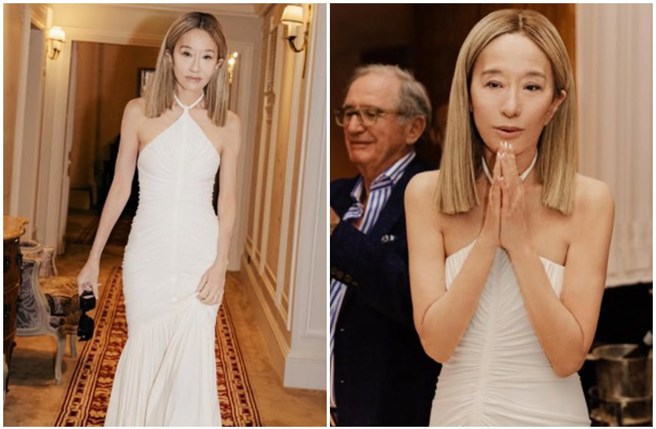 台灣新聞通訊社-婚紗女王歡慶77歲生日！削肩長禮服洩零贅肉身材 揭4大抗老祕訣