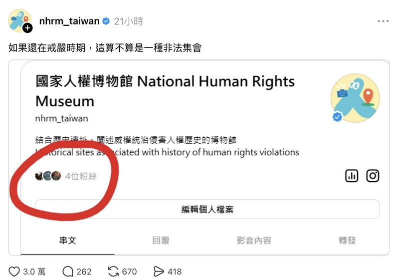台灣新聞通訊社-Threads僅有4粉絲!人權館驚吐「這句」爆紅 萬人追蹤喊:加入非法集會