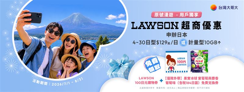 台灣新聞通訊社-暑假瘋出國!台灣大日本原號漫遊送LAWSON購物券