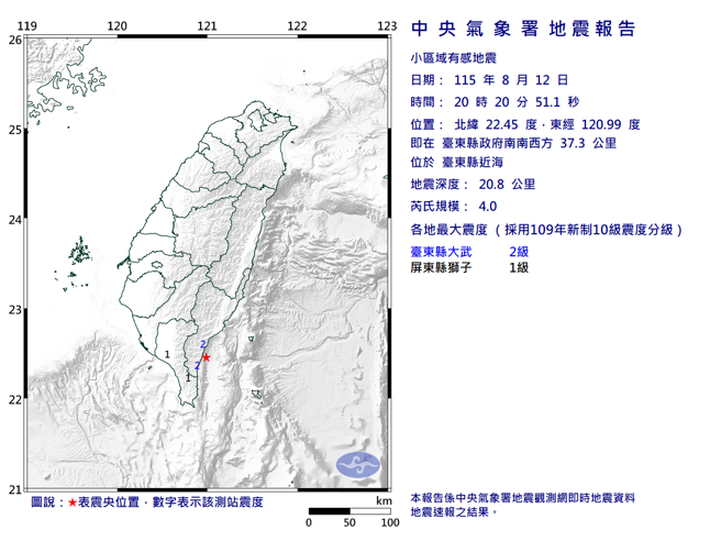 台灣新聞通訊社-20:20台東近海規模4.0極淺層地震 最大震度2級
